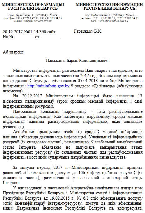 За 2017 год Мінінфарм вынесла 13 папярэджванняў СМІ