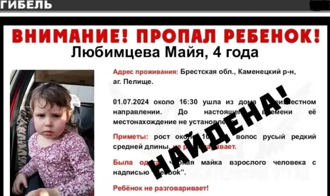 4-гадовая дзяўчынка, якую шукалі ў Камянецкім раёне, загінула