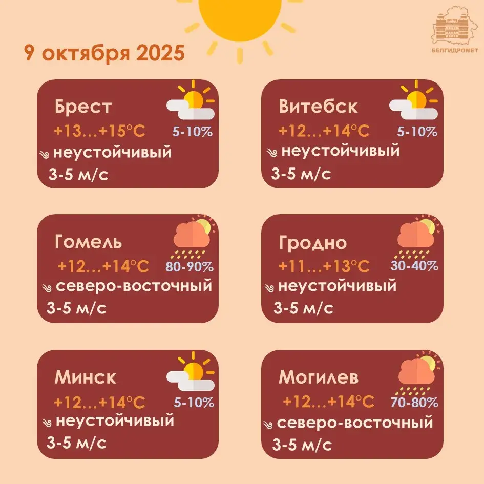 Па поўдні Беларусі ў чацвер пройдуць невялікія дажджы