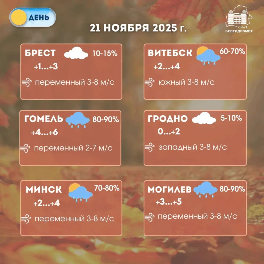Дождж і мокры снег чакаюцца ў Беларусі ў пятніцу