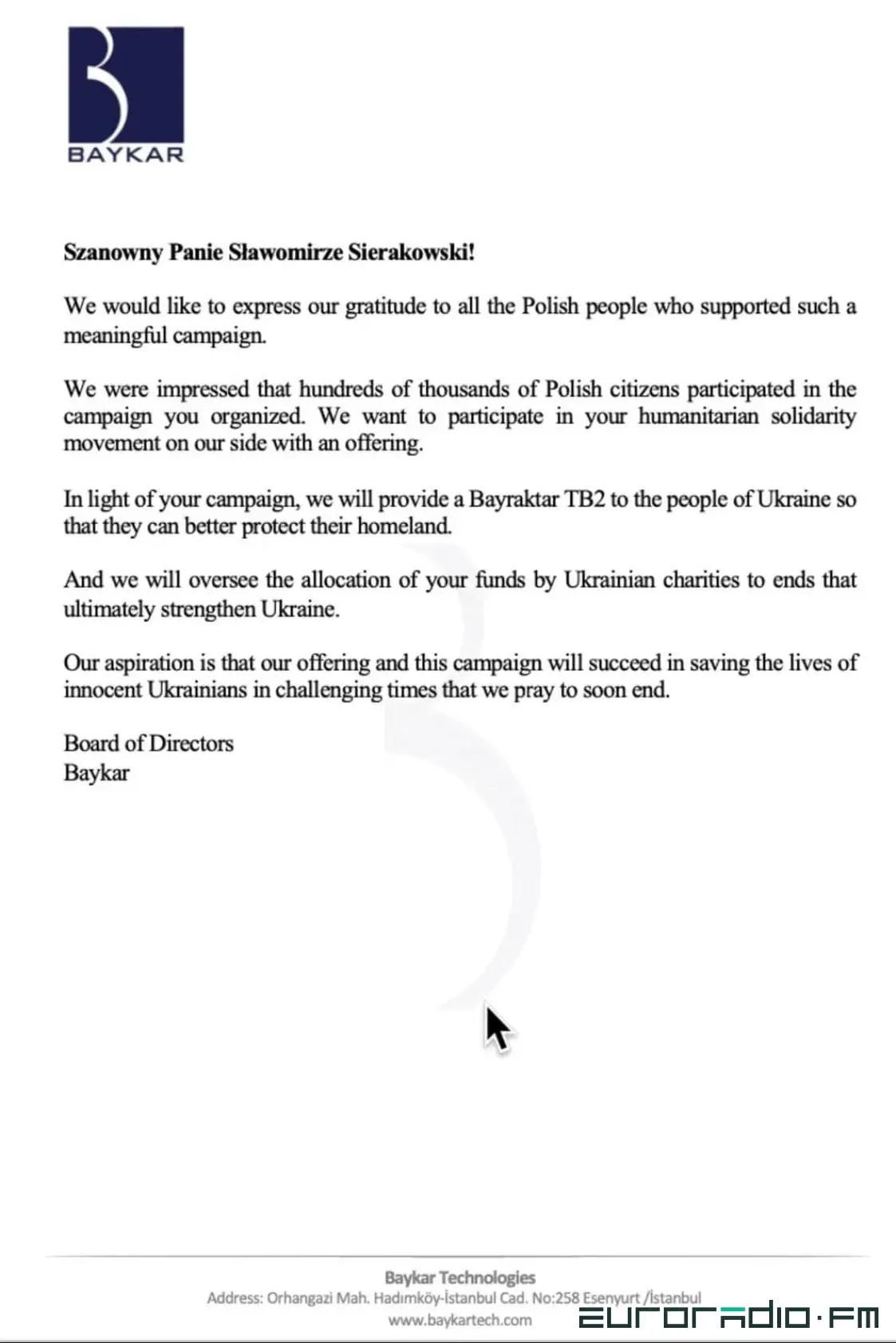 Baykar бесплатно передаст Украине беспилотник, на который собирали деньги поляки