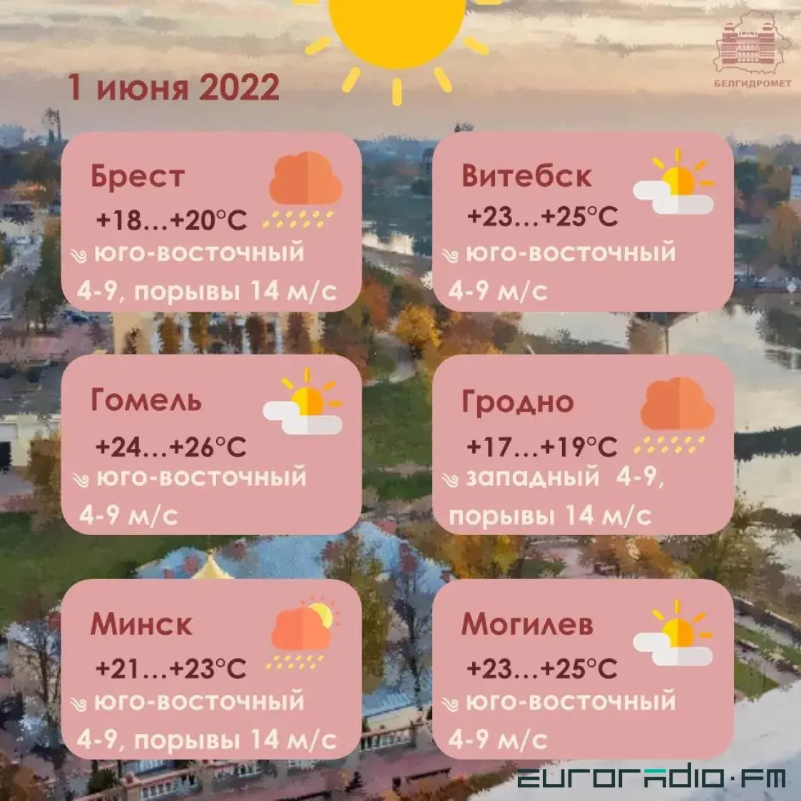У першы дзень лета ў Беларусі чакаюцца дажджы з навальніцамі