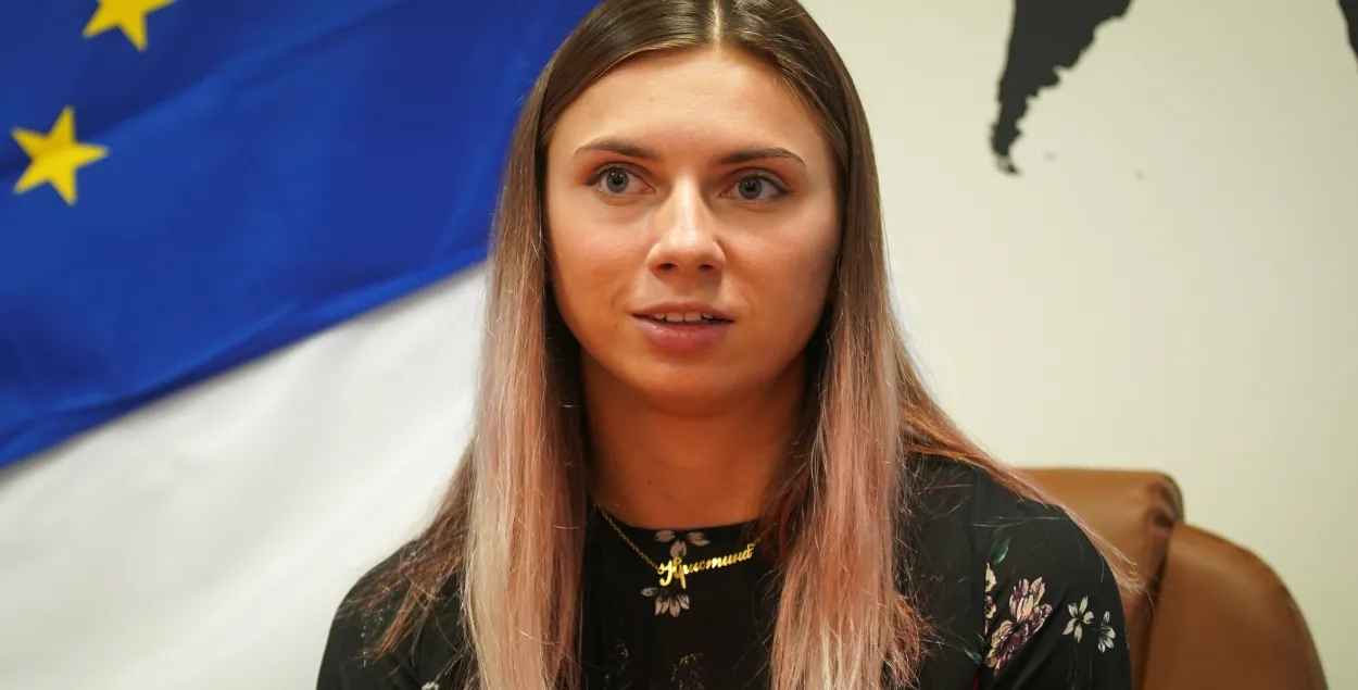 Кристина Тимановская на пресс-конференции в Варшаве, 5 августа 2021 года / Reuters