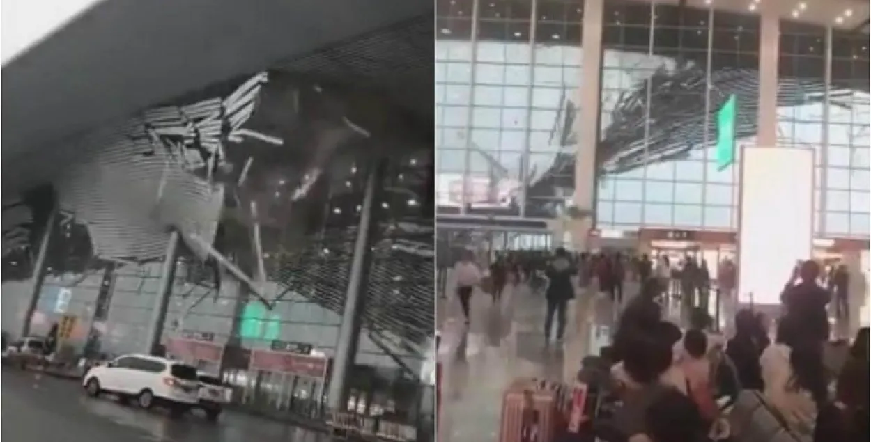 У кітайскім аэрапорце моцны вецер сарваў дах (відэа)