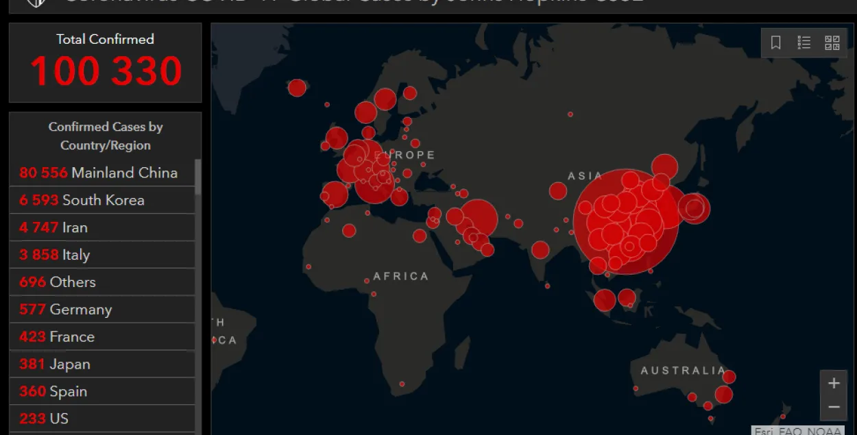 Колькасць пацверджаных выпадкаў каранавіруса ў свеце перавысіла 100 тысяч