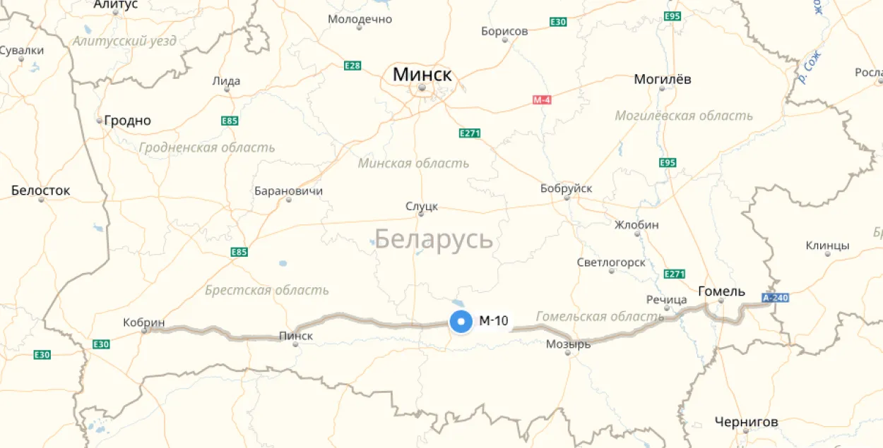 Траса М-10 праходзiць праз усё Палессе. Скрыншот: "Яндэкс.Карты"