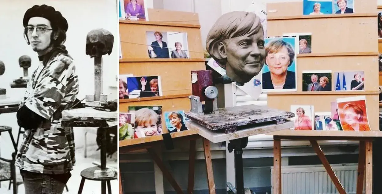Artsiom Malakhouski and his exam subject at Madame Tussauds London - Angela Merkel's face. Photo: KYKY.org