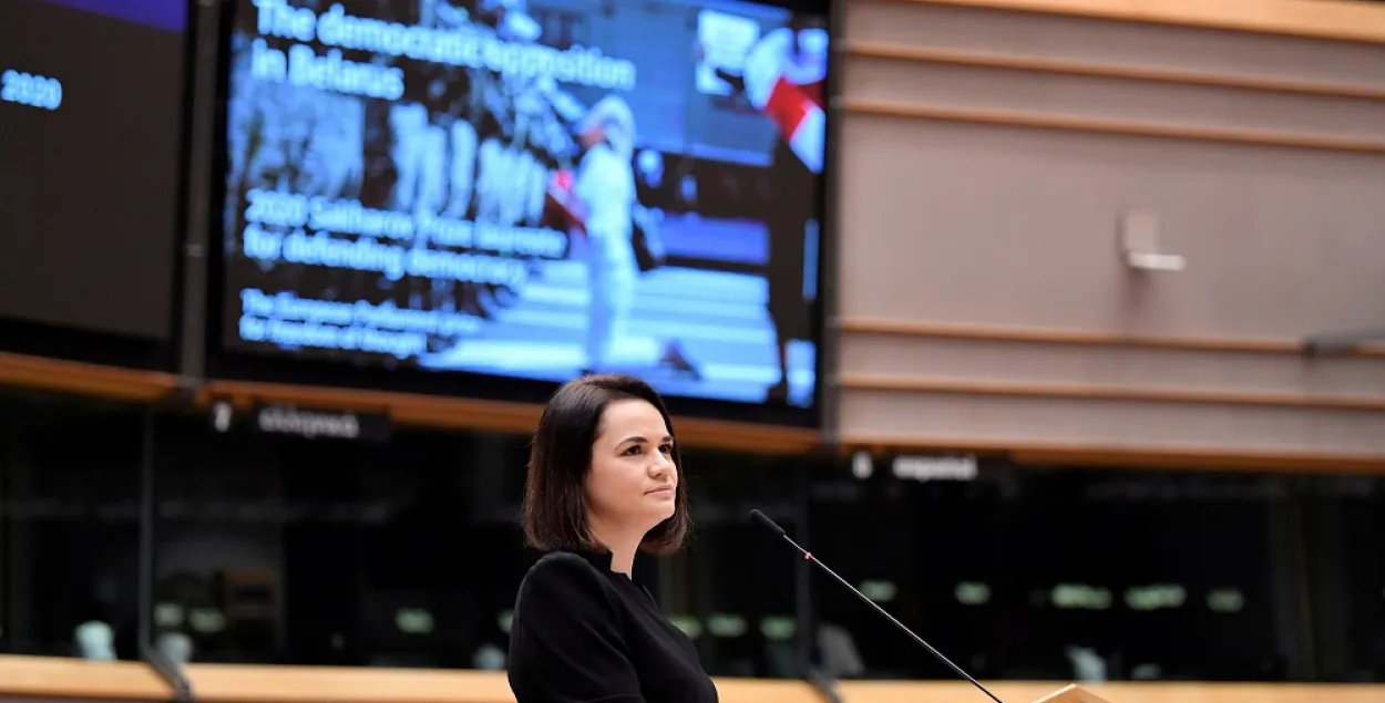 Svyatlana Tsikhanouskaya speaks at the Sakharov Prize ceremony in the EU Parliament in Brussels, Belgium, December 16, 2020 / Reuters