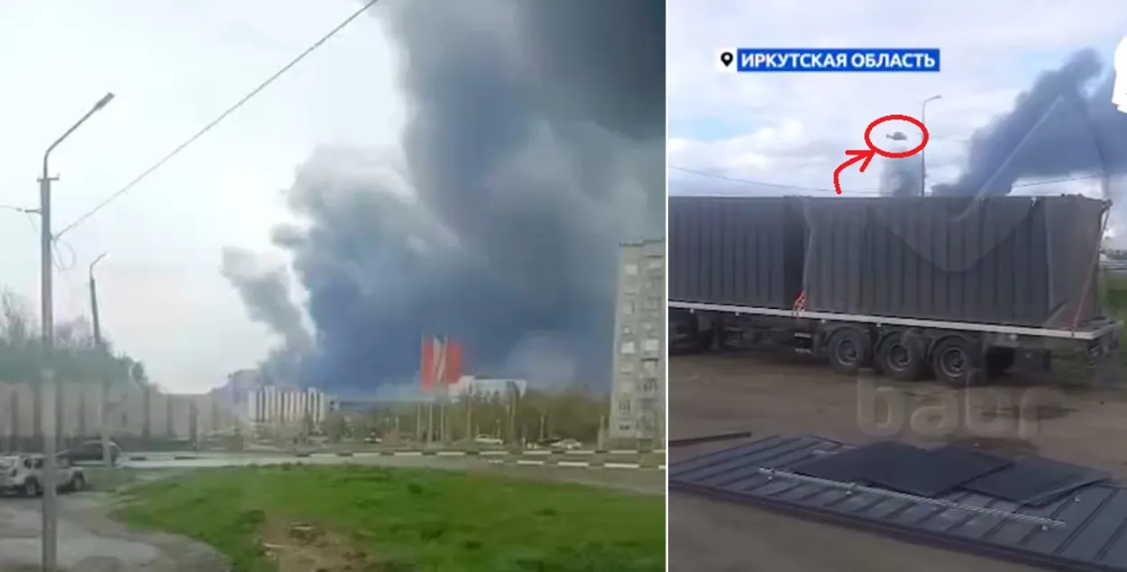 Пажар на авіябазе / дрон вылятае з прычэпа фуры
