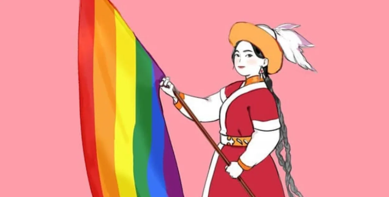 Девушка в национальном казахстанском наряде с флагом ЛГБТК+
