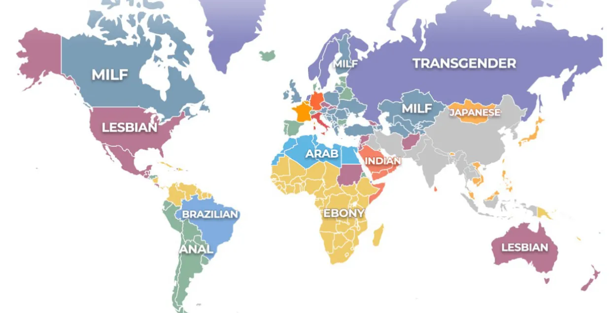 Карта наиболее популярных категорий порно по странам

