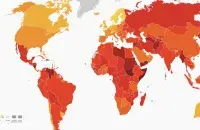 Мапа краін па рэйтынгу ўспрымання карупцыі. Чым цямнейшы колер, тым вышэйшы ўзровень успрымання карупцыі
