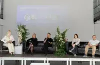 Алеся Руднік, Аліна Харысава, Франак Вячорка, Лізавета Пракопчык, Андрэй Ягораў на канферэнцыі Reshape у Варшаве 15 чэрвеня
