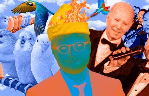 А попугаев научили звонить по видеосвязи! / коллаж Влада Рубанова, Еврорадио
