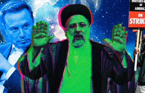 Как на одной планете одновременно могут происходить забастовки против искусственного интеллекта и репрессии “за ленточку”? / коллаж Влада Рубанова, Еврорадио
