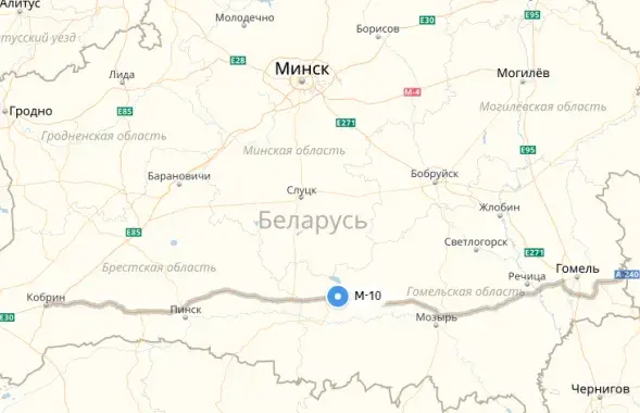 Траса М-10 праходзiць праз усё Палессе. Скрыншот: &quot;Яндэкс.Карты&quot;