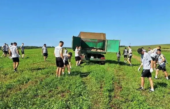 Torpedo-BelAZ footballers collect stones in a collective farm / FC Torpedo-BelAZ&nbsp;