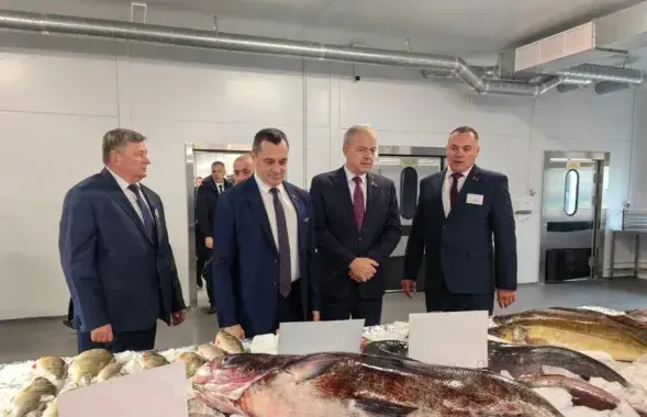 Васіль Дземянцей (крайні злева) і Анатоль Каросцін (крайні справа) на адкрыцці Лукомльскага кансервавага завода&nbsp;
