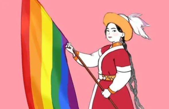 Девушка в национальном казахстанском наряде с флагом ЛГБТК+
