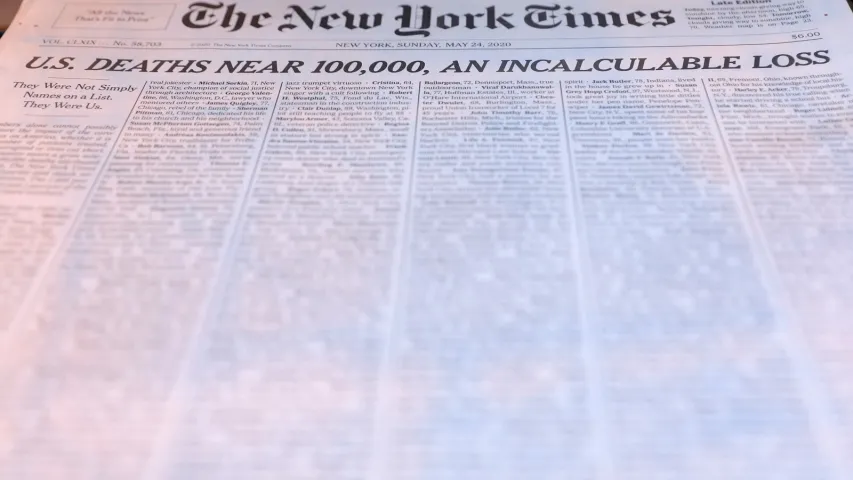 Газета The New York Times выйшла з імёнамі тысячы памерлых ад каранавіруса