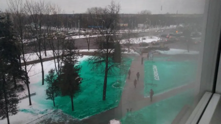Каля эканамічнага ўніверсітэта ў Мінску снег пафарбавалі ў зялёны колер